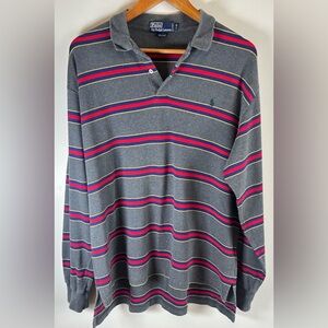 Vintage Polo Ralph Lauren Polo Shirt Mens XL Gray Red Long Sleeve Striped Cotton
